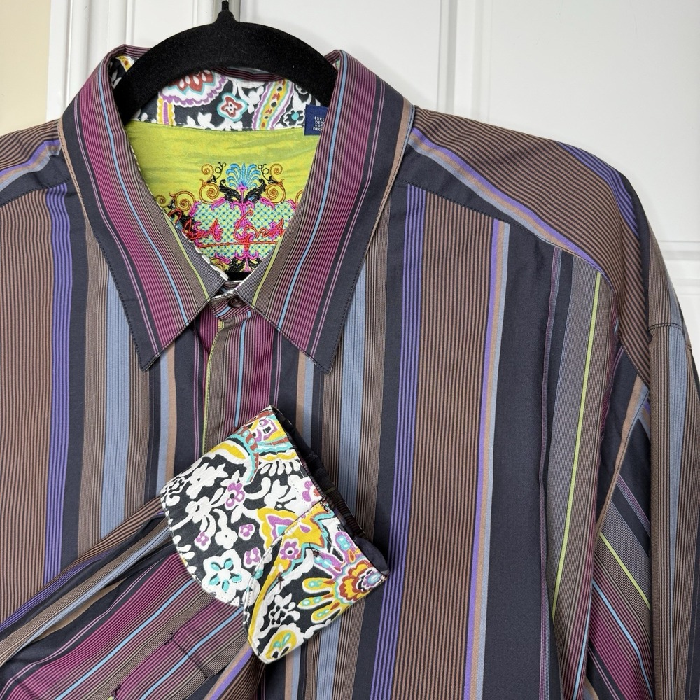 Robert Graham Shirt Mens XL Colorful Stripe Flip Cuff Floral Button Front Cotton